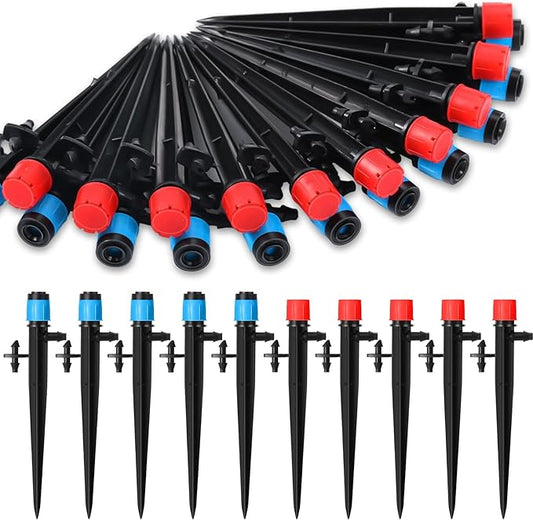 32 Pcs Drip Irrigation Emitters Drip Emitters for 1/4 Inch Tubing Irrigation Drippers Sprayer 360 Degree Water Flow Drip for Garden Flower Bed Irrigation System (Red and Blue,Double Hook)
