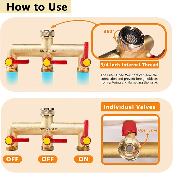 Brass Garden Hose Splitter,3 Way Hose Splitter with 3 Extension Handles, GHT 3/4”Outdoor Faucet Diverter for Irrigation System with Extra 1 Filter Rubber Washers 3 Quick Connectors 1 Tape