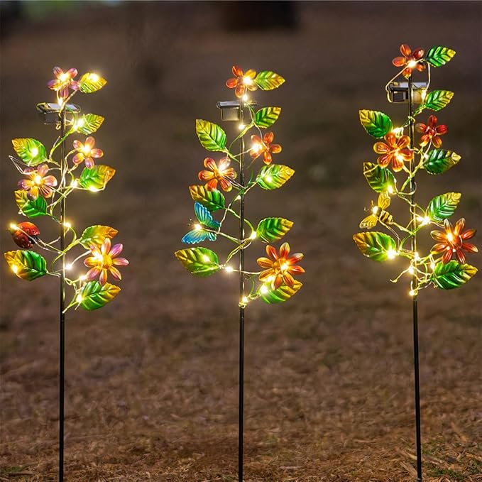 3 Pack Solar Garden Lights, Flower & Insect Metal Solar Stake Light, 23" H Outdoor Statues Figurine Lights for Garden Lawn Patio Yard Decoration
