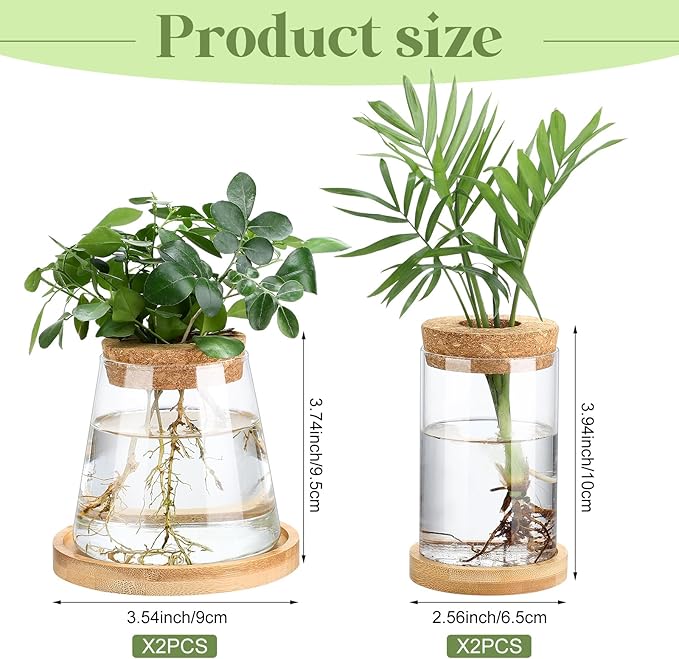 Layhit 4 Pcs Plants Propagation Stations Separated Desktop Plant Terrarium Glass Planter Vase with Wooden Lid and Bamboo Stand for Growing Hydroponic Home Office Tabletop Decoration (Stylish Style)