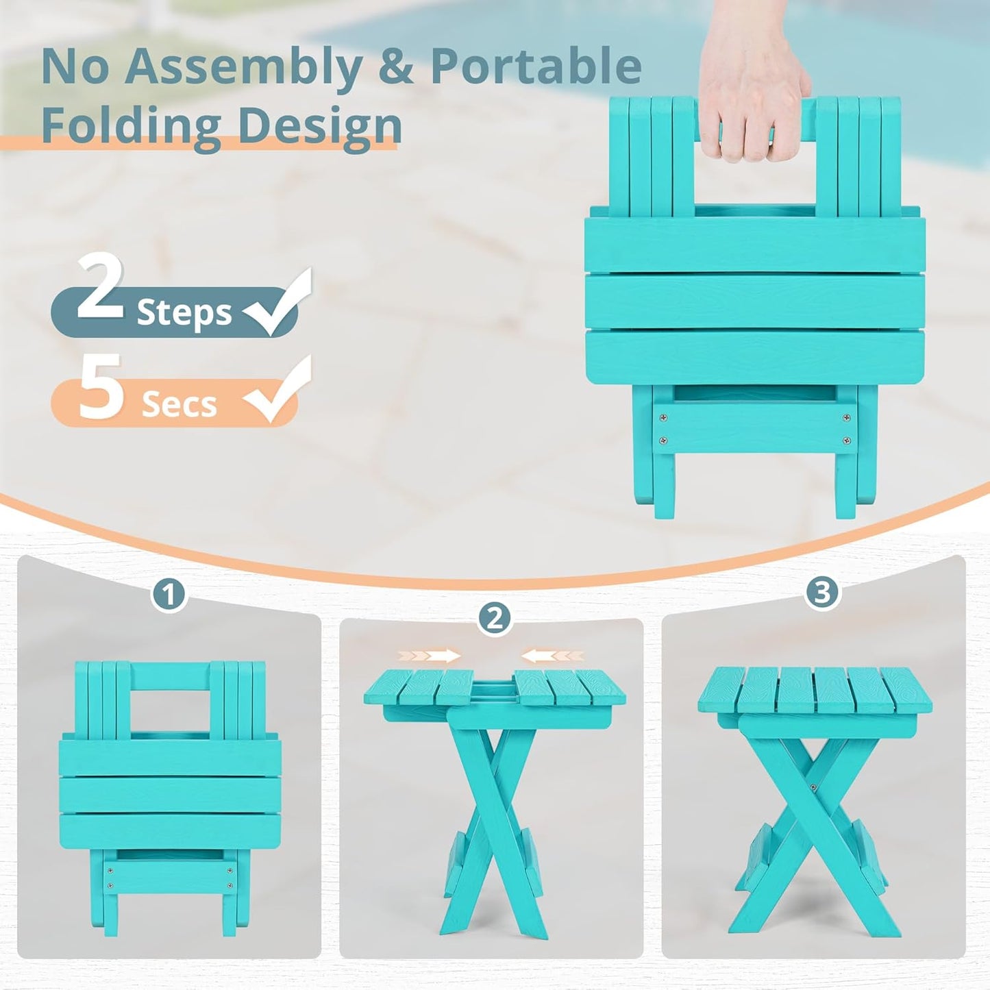 LUE BONA Small Outdoor Folding Side Table, HDPS Outside End Table for Patio, Porch, Deck, Pool, 14 Inch Height, Aruba Blue