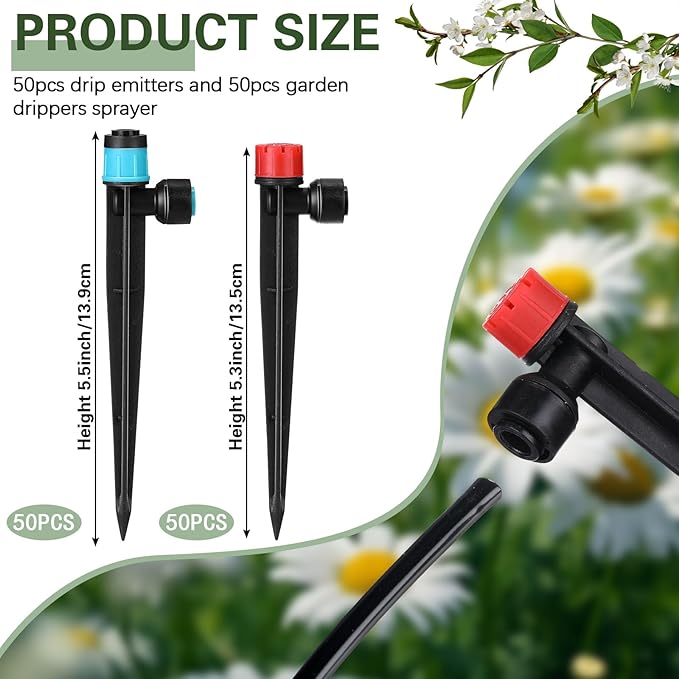 100 Pcs Drip Irrigation Emitters for 1/4" Tubing 50 Micro Irrigation Emitters Sprayer 50 Adjustable 360 Degree Water Flow Drippers for Garden Irrigation System(Red, Blue, Fast Connect)