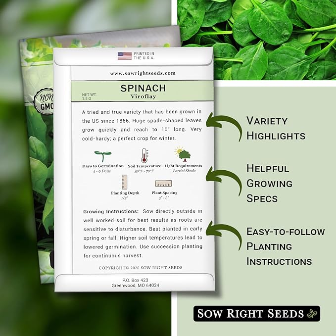 Sow Right Seeds - Viroflay Spinach Seed for Planting - Non-GMO Heirloom Packet with Instructions to Plant a Vegetable Garden - Grow Leafy Green Nutritious Superfood - Hydroponic Growing Friendly (1)
