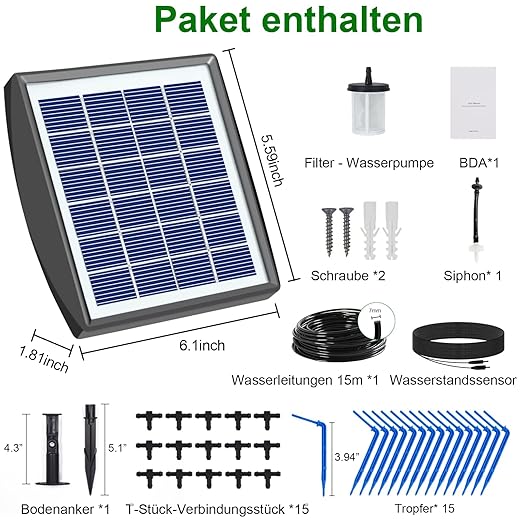Solar Irrigation System, Plant Watering Devices Solar Powered Automatic DIY 50-Inch Watering System, A Garden Watering System with 6 Timing Modes for Outdoor Gardens, Vegetables, Greenhouses