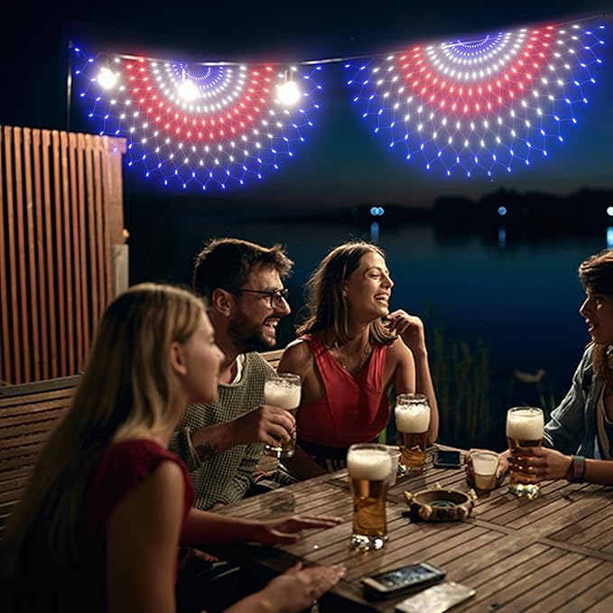 Leisure World LED American Flag Banner, 3 Pack 150 LED Half Fan Lights, 4 x 2 ft, 8 Modes Patriotic Outdoor Net for 4th of July, Christmas