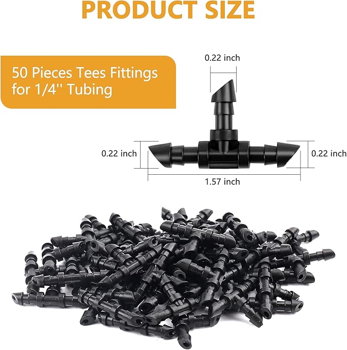 50 Pieces Drip Irrigation Fittings, 1/4 Inch Barbed Tee Fittings, Barbed Connectors for 1/4 Inch Irrigation Tubing for Drip Sprinkler Garden Lawn System
