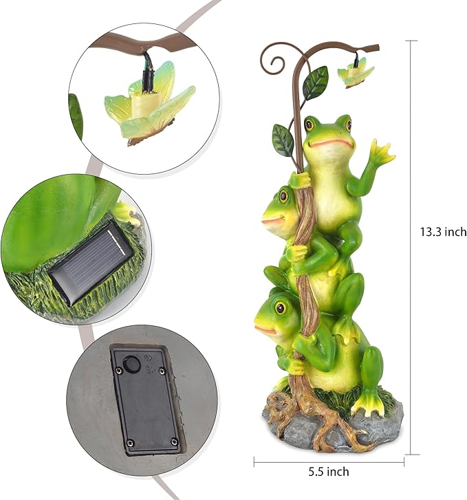 Frog Figurine Garden Decor, Solar Resin Frogs Outdoor Statue, Funny Frog Gift Sculpture Decoration for Home Patio Yard Lawn Porch Ornament