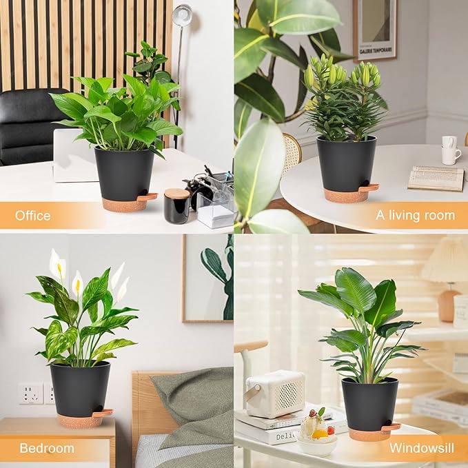 Planters for Indoor Plants 7/6.5/6/5.5/5 Inch, Self Watering Flower Pots with Drainage Holes and Saucers 5 Pack Plastic Pots for Plants, Succulents, Herbs, Cactus, Flower, Black