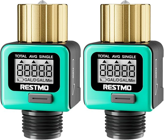[2 Pack] RESTMO Heavy Duty Water Flow Meter, Pure Brass Inlet | Metal Thread | 4 Measure Modes | Display Gallon/Liter Usage and Flow Rate | Ideal to Track Outdoor Garden Hose Watering