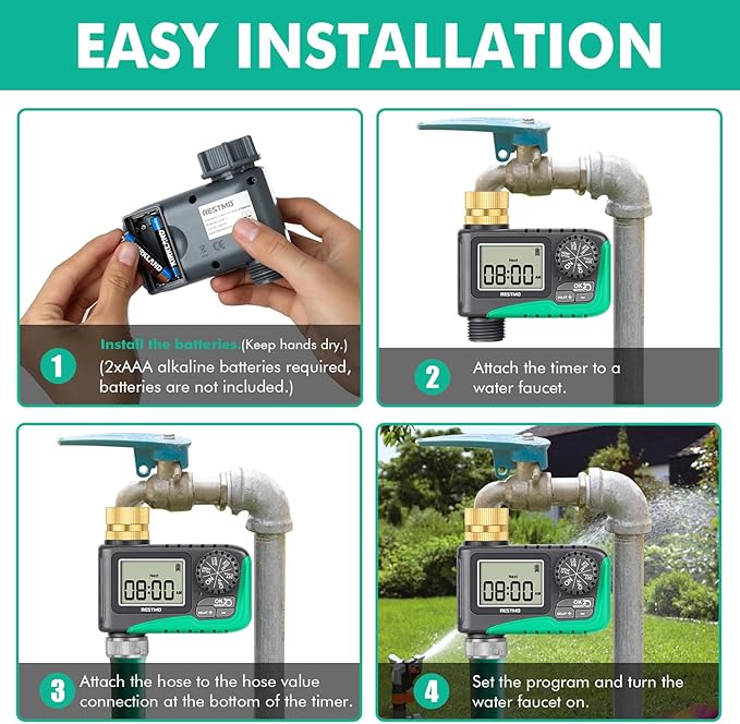 RESTMO Sprinkler Timer with Brass Inlet, Programmable Water Timer for Garden Hose, Automatic Digital Control | Manual ON/Off | Rain Delay, for Outdoor Faucet, Drip Irrigation and Lawn Watering System