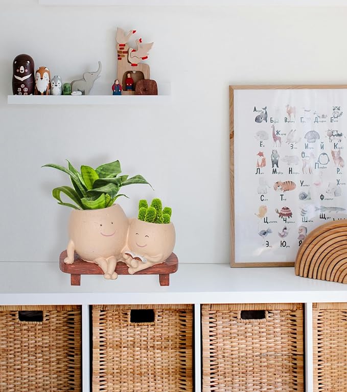 Cute Head Planter with Smiley Face, Double Pots in One, Novelty Plant Face Pot, for Indoor Outdoor Plants,Christmas, (Khaki)