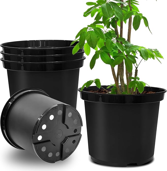 5 Gallon Pots for Plants, 12 Inch Plastic Nursery Pots with Drainage Holes, Round Sturdy Garden Pots for Outdoor Indoor Plants, Deep Nursery Plant Pots Planter, (5-Pack, Black)