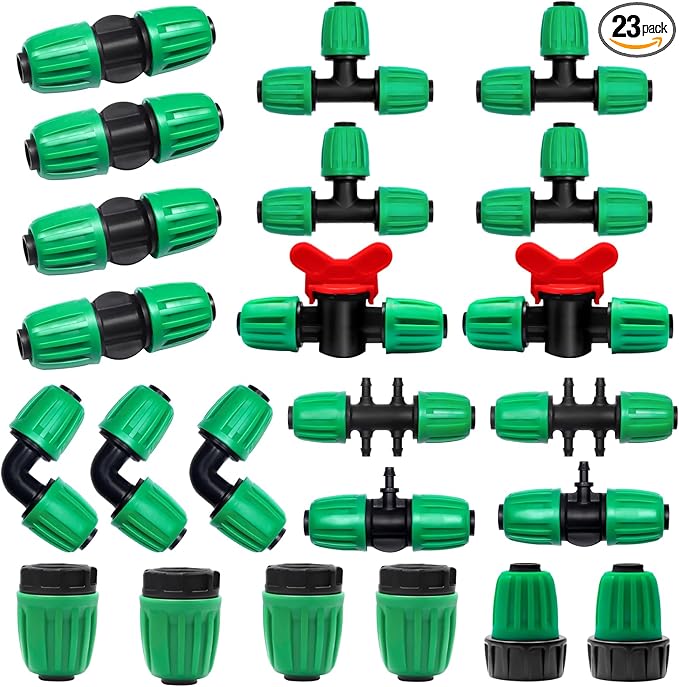 23 Pcs 1/2 Inch Drip Irrigation Fittings Kit (1/2" ID x 0.65" OD), 1/2 Inch Irrigation Tubing Set Including 4 Tees, 4 Couplings, 3 Elbows, 4 Reducer Tee, 4 Plugs, 2 Valves and 2 Faucet Adapter