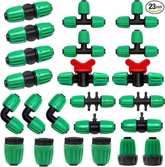 23 Pcs 1/2 Inch Drip Irrigation Fittings Kit (1/2" ID x 0.65" OD), 1/2 Inch Irrigation Tubing Set Including 4 Tees, 4 Couplings, 3 Elbows, 4 Reducer Tee, 4 Plugs, 2 Valves and 2 Faucet Adapter
