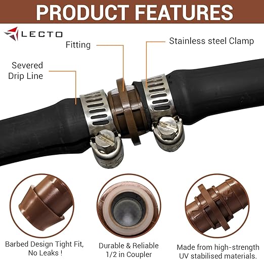LECTO Universal 5/8", 1/2", .700" Drip Line Repair Kit – Coupler, 1