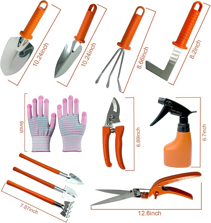10 Pieces Gardening Tools Set, Ergonomic Handle Sprayer, Pruner,Shears,Grass Cutter,Hand Trowel,Rake,Shovel,Glove,Outdoor Garden Tools with Carrying Suitcase,Ideal Garden Tool Gifts for Women