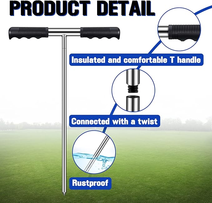 Kanayu Soil Probe Rod, 32-48 Inch Stainless Steel Septic Tank Locator Tool Adjustable Ground Rod with T Handle for Locating Underground Pipes and Gopher Runs, Gardening(48 Inch,Silver)