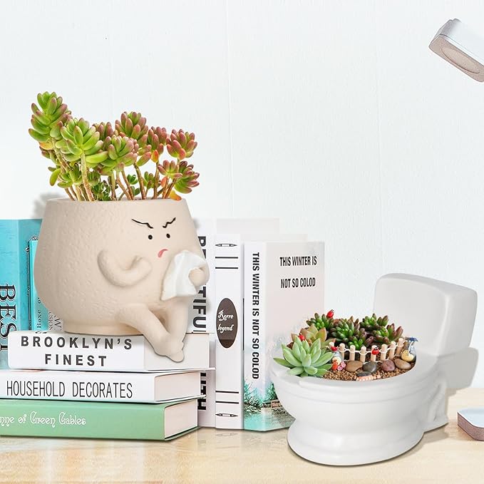 Frowning Planter Pots for Indoor Plants Cute Resin Flower Head Planters, Sit Toilet Succulent Pots with Drainage Hole Unique Closestool Planter - Gift IdeaI for Birthday and Christmas