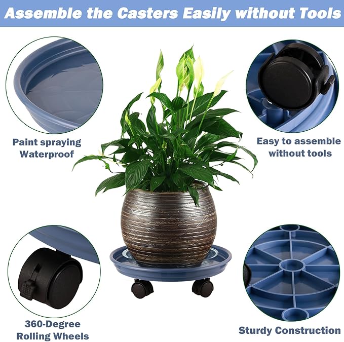 4 Packs Plastic Plant Caddy with Wheels 11.8" Plastic Rolling Plant Stands Heavy-Duty Plant Dolly with Casters Indoor and Outdoor Plant Roller Base Wheels, Blue