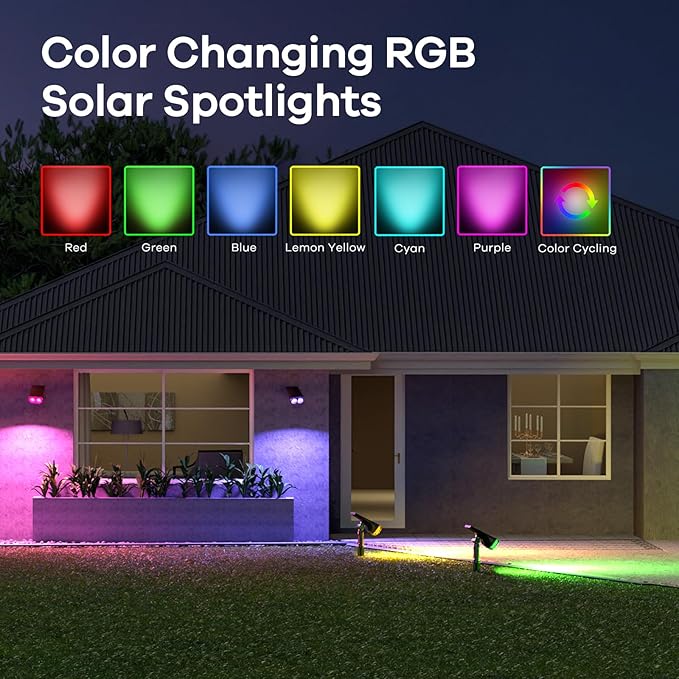 Consciot Solar Color Changing Outdoor Spotlights, 7 Lighting Modes Outside Solar Lights Waterproof IP67, Multicolor Christmas Decorations Landscape Lights for Pathway Patio Fence, Auto On/Off, 2 Pack