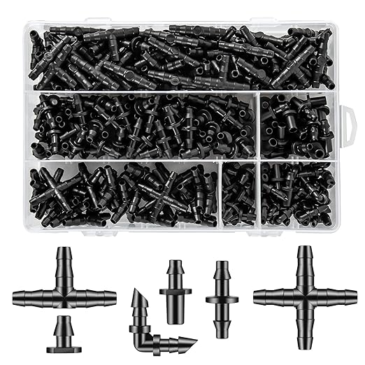 300 Pcs Barbed Connectors Drip Irrigation Fittings Kit, 1/4" Drip Irrigation Kit for Garden Flower Pot Greenhouse Lawn (Straight Barbs,Single Barbs,Tees,Elbows,End Plug,4-Way Coupling)