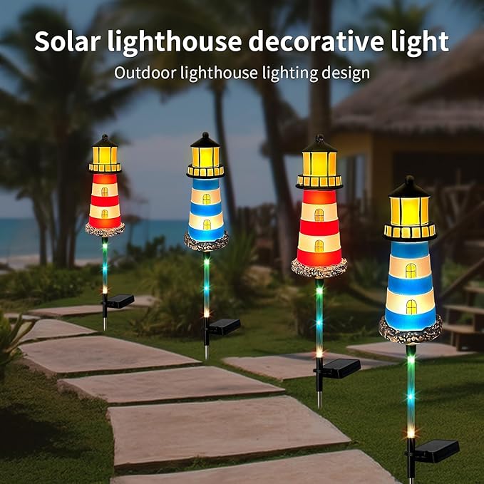 Solar Lights Outdoor Waterproof, Lighthouse Lights 4 Packs 7 Light Color Changes Suitable for Outdoor Gardens, Walkway Light Lawn, Flower Bed Solar Garden, Patio Decoration,