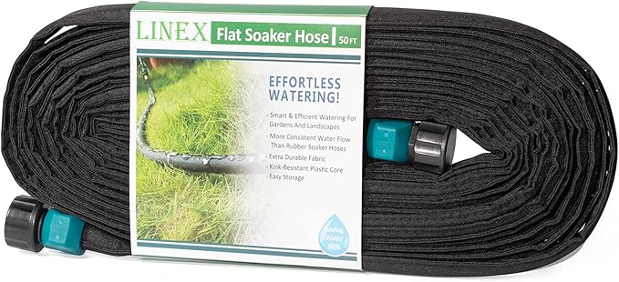 LINEX Flat Soaker Hose 50 ft for Garden Beds Drip Sprinkler Irrigation Hose Heavy Duty Saving 80% Water For Vegetable