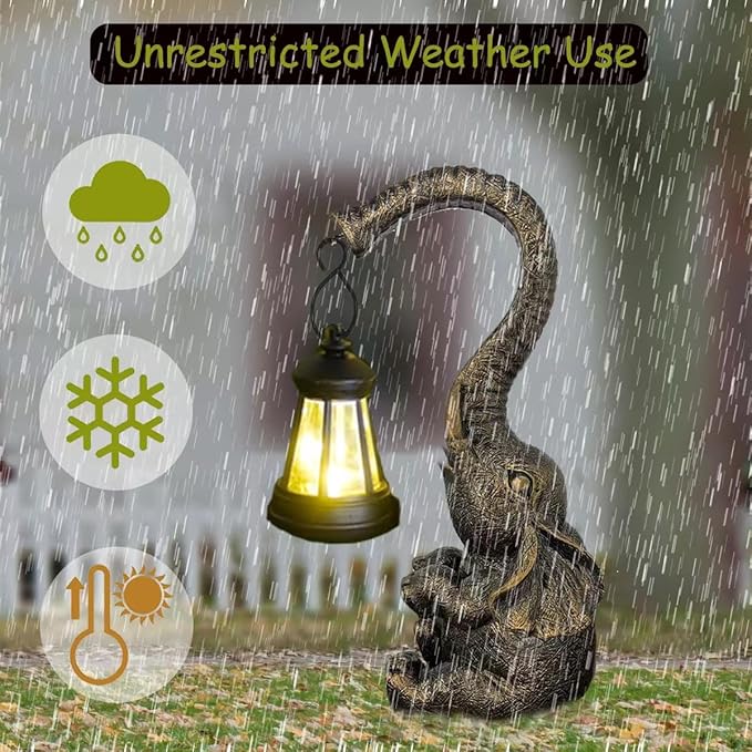 10.6 Inch Statue Elephant with Solar Outdoor Lights for Garden Decor，Lucky Present with Appeal For Birthdays(Man and Women and family)， Unique Housewarming Presents and Yard Decoration. (black)