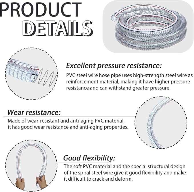 Frienda Heavy Duty Steel Wire Flexible Tubing with Fasteners PVC High Pressure Drain Hose Tube Pond Tubing Clear Wire Reinforced for Pond Bilge Pump Vacuum Suction Hose(10 Ft, 1.5 Inch Id)