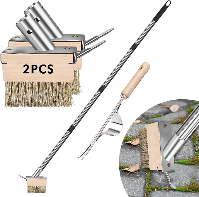 mcwdoit Crack Weeder Tool, Weed Puller Tool with 2 Heads&Scraping Hook, Paver Weeding Moss Remover Brush with Steel Handle for Cleaning Paving Joint Sidewalk Patio Stone Driveway Deck Black