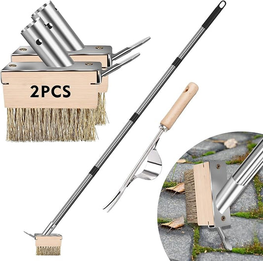 mcwdoit Crack Weeder Tool, Weed Puller Tool with 2 Heads&Scraping Hook, Paver Weeding Moss Remover Brush with Steel Handle for Cleaning Paving Joint Sidewalk Patio Stone Driveway Deck Black