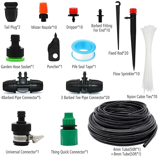 Drip Irrigation Kits, 100ft/30M Garden Plant Watering Sprinkler System with Distribution Tubing Hose Adjustable Nozzles, Automatic Mist Cooling Irrigation Set for Garden Lawn, Patio