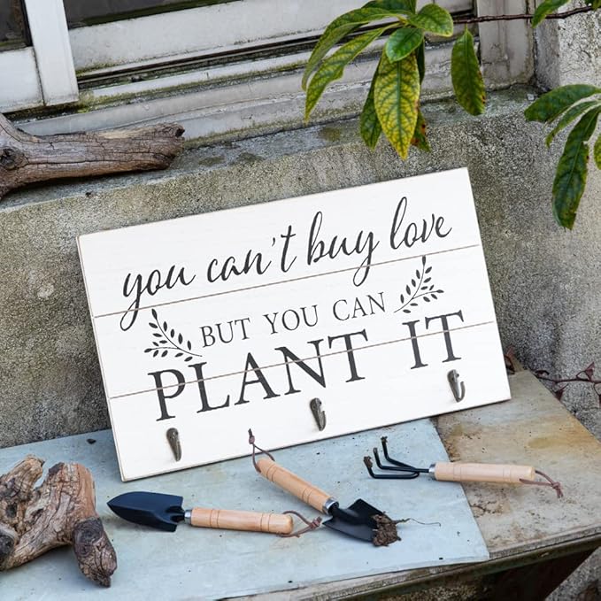 COLLECTIVE HOME - Garden Decor with Tools, Inspirational Wood Hanging Signs, Garden Tools Set - 3 Piece, Out Door Decor with Hooks, You Can't Buy Love BUT You CAN PALNT IT, 15.75"x9.5" (White)
