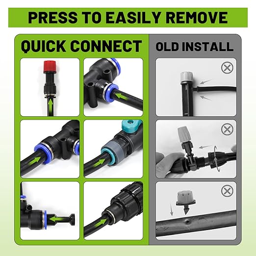 Garden Drip Irrigation Kit, 100ft Black Hose, 360° Pure Copper Closeable Nozzle, Patio Misting Plant Watering Sprinkler, Faucet Separator, Sprinkler Hose Adapter (16 360° nozzles + 16 T-connectors)