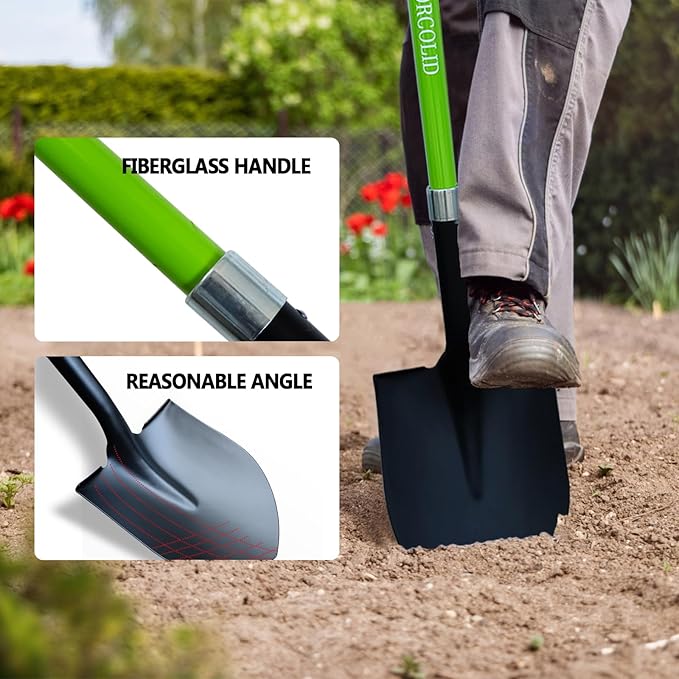 Shovel for Digging, Heavy Duty Shovel for Digging, 57 Inch Straight Handled Round Shovel with Non-Slip Tail Cover, Lawn and Yard Tools, Fiberglass Handle(Green)