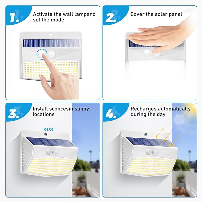 [2 Packs] Solar Lights Outdoor Motion Sensor, Solar Security Lights with 3 Lighting Modes Solar Wall Lights Waterproof Solar Powered Lights for Garden Fence Yard Deck, White