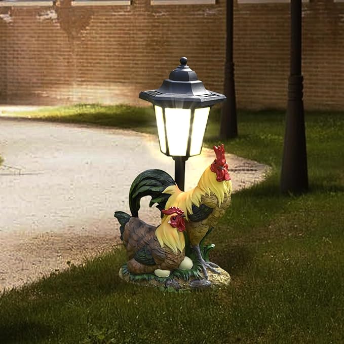 Solar Garden Outdoor Decor Statues Rooster Hen Couple with Light,Outside-Outdoor Decorations Sculptures for Patio Yard Lawn Walkway Ornaments Clearance Gifts for Mom Grandma Birthday