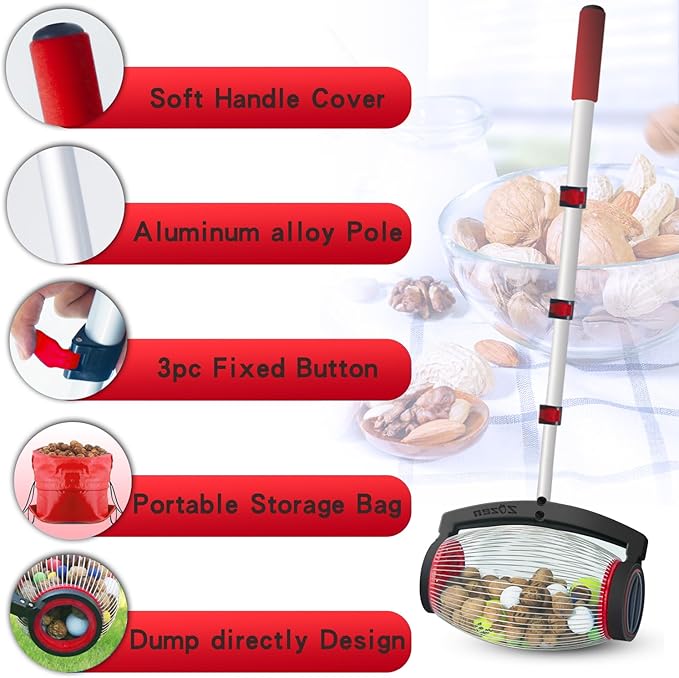 Zozen Nut Gatherer, Walnut Picker Upper Roller, Pinecone Picker Upper - Side Opening Dump | Apply to Walnut, Pecan, Hickory, Chestnuts, Buckeyes, Golf, Crab Apple Objects Size 1'' to 2.5''; 1.5 Gallon