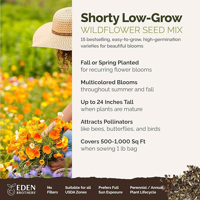 Eden Brothers Shorty Low Grow Wildflower Mixed Seeds for Planting, 1 lb, 480,000+ Seeds with Calendula, Cornflower | Attracts Pollinators, Plant in Spring or Fall, Zones 3, 4, 5, 6, 7, 8, 9, 10