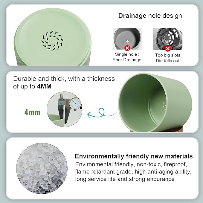 5 Pack Cylindrical Flower Pots with 7/6.5/6/5/4 inch, Modern Small Plastic Plant Pots with Drainage Holes & Saucers, Round Planter Pots for Outdoor, Indoor & Office Decor (Green Brown)