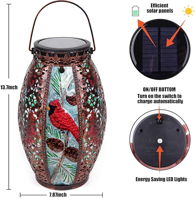 Solar Lanterns Outdoor Hanging Light - Cardinal Solar Powered LED Glass Lights Decorative Waterproof Tabletop Lamp with Hollowed-Out Design for Yard Table Patio Garden Pathway Holiday