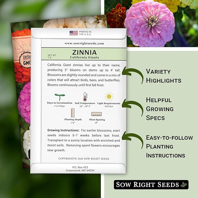 Sow Right Seeds - California Giants Mix Zinnia Seeds for Planting - Non-GMO Heirloom Packet to Grow Your Flower Garden - Attract Bees and Butterflies - Great to Cut and Come Again - Summer Annual (4)