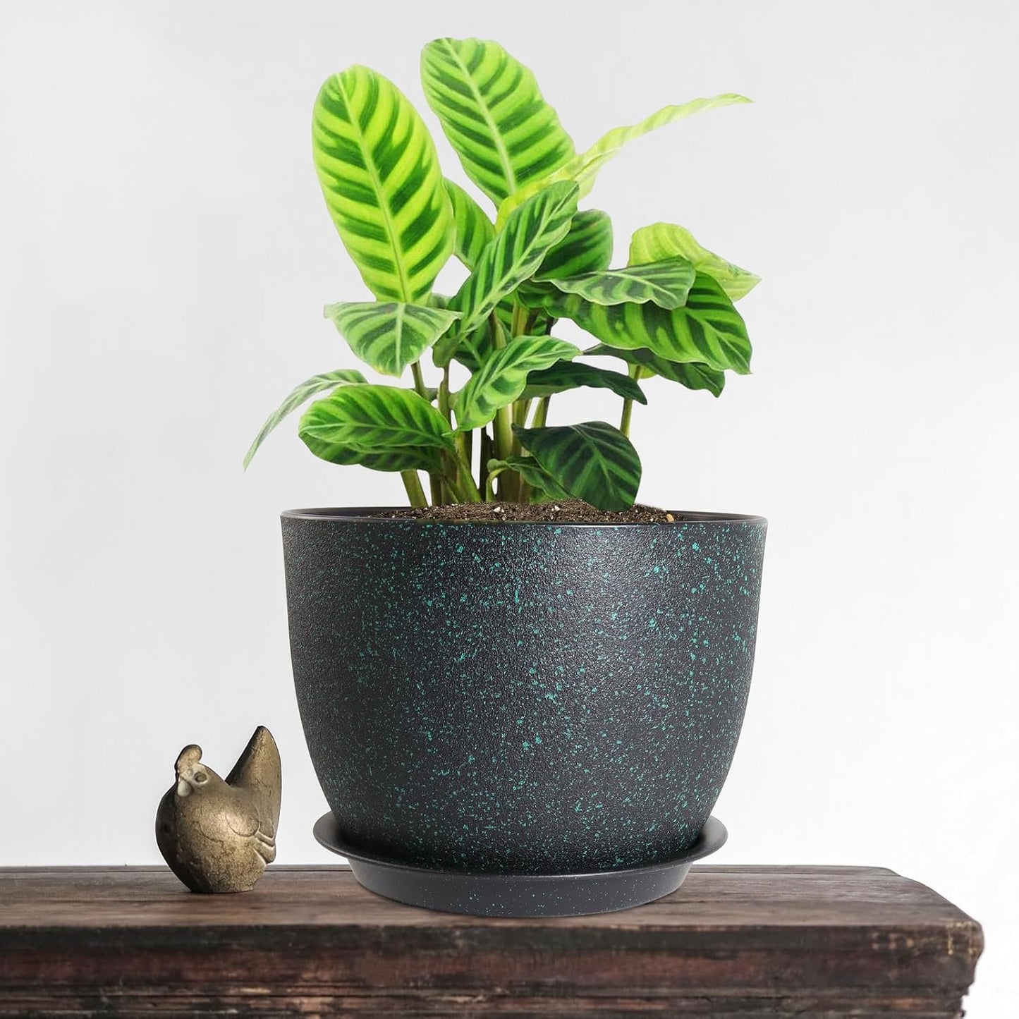 Modern Plant Pots Set, 9/8/7.5 inch Plastic Planters for Indoor Plants, Stylish Flower Pots with Drainage Holes and Saucers for House Plants and Flowers, Black with Green Speckles