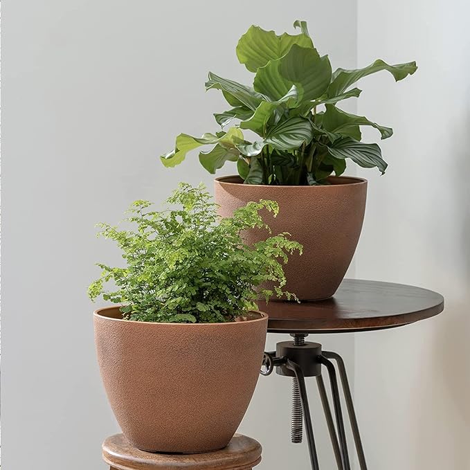 LA JOLIE MUSE Flower Pots Outdoor Garden Planters, Indoor Plant Pots with Drainage Holes, Plastic, Terracotta, Set 2 (11.3 + 11.3 Inch)