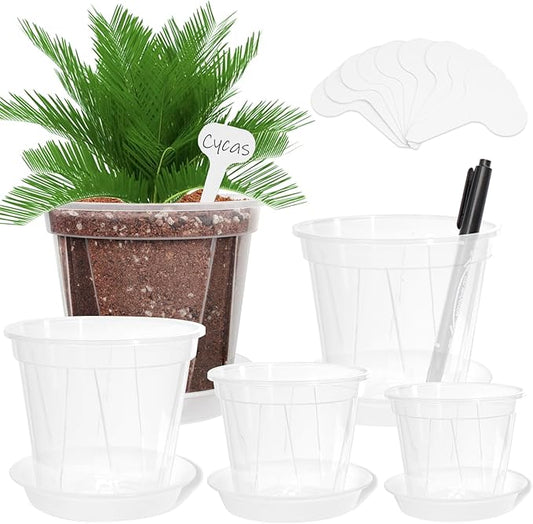 Clear Nursery Pots for Plants - 10 Pack Transparent Plastic Planter in 3.9/4.7/5.5/5.9/6.3 Inch Reinforced Plant Pots with Drainage Holes Durable Seedling Pots with 10Pcs Labels