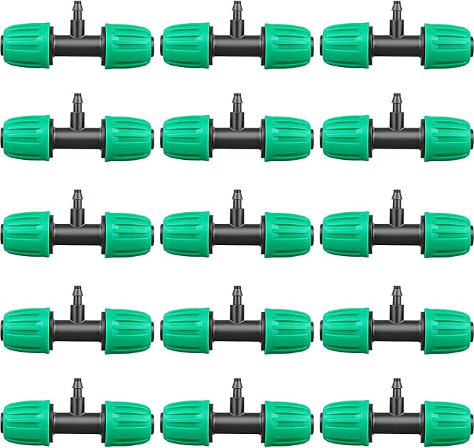 JAYEE Drip Irrigation Fittings, 15 Pcs Lock Barbed Tee for 1/2 to 1/4 Inch Vinyl Tubing, Drip Line Parts 3-Way Tees Irrigation Connectors for Drip Sprinkler Garden Lawn Systems, Green