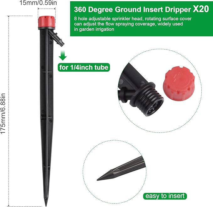 Kalolary 20PCS Drip Emitters for Irrigation, 1/4 Inch Drip Irrigation Emitters Parts 360 Degree Adjustable Water Flow Sprayer with Stake for 4/7mm Tube Micro Drippers System for Lawn Yard Pot (Red)