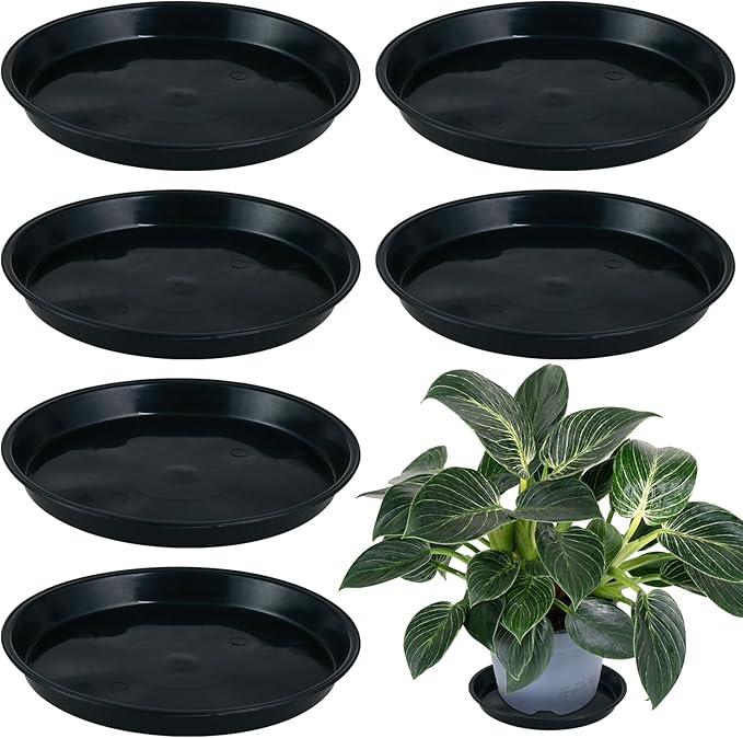 6 Pack Bottom 12 Inch Plant Saucers for Indoors Outdoors Plastic Plant Water Catcher Trays No Holes Round Flower Pot Drip Trays for Pots Base Heavy Duty Plant Pot Saucers Water Drainage Trays, Black