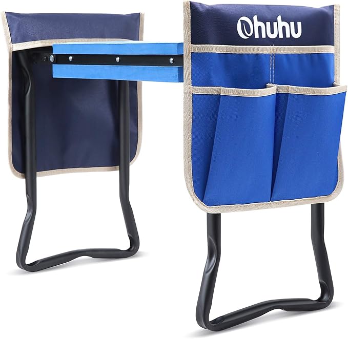 Ohuhu Garden Stool Garden Kneeler and Seat, Foldable Gardening Bench Heavy Duty with Thicker Wider Kneeling Pad 2 Large Tool Pouches Gifts for Women Men Gardener Parents Elders Friends