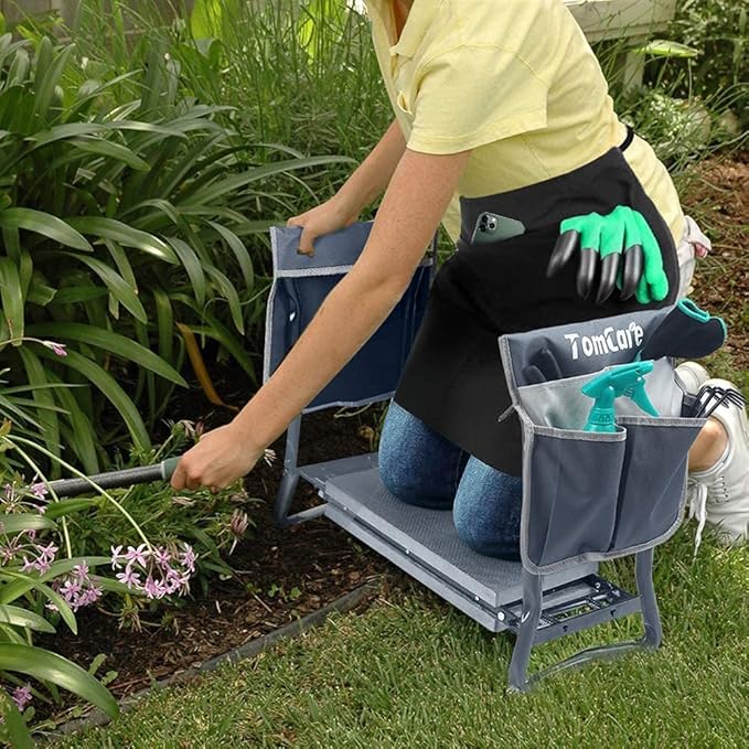 TomCare Upgraded Garden Kneeler and Seat Widen Soft Kneeling Pad Garden Tools Stools Garden Bench with 2 Larger Tool Pouches Outdoor Foldable Sturdy Gardening Tools Gifts for Gardeners, Grey